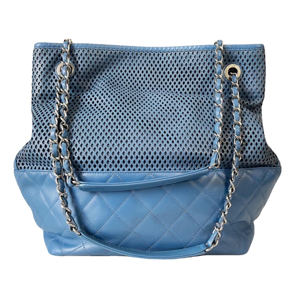 Chanel blue perforated and quilted leather Up In The Air shoulder tote bag - Picture 1 of 13